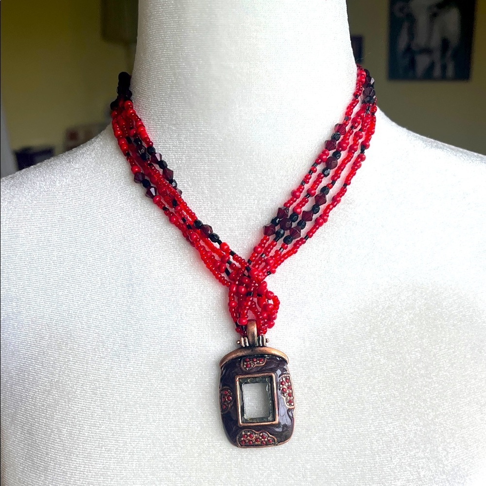 Red and Black Beaded Statement Necklace with Metal Pendant